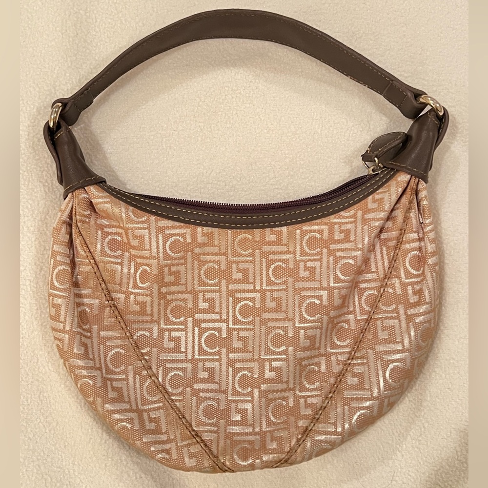 Liz Claiborne Vintage Beige Metallic Monogram Crescent Hobo Bag
